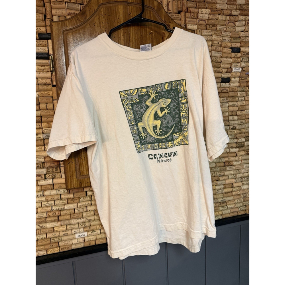 Vintage 90s Cancun Mexico Gecko Graphic Print Preshrunk Cotton T Shirt XL